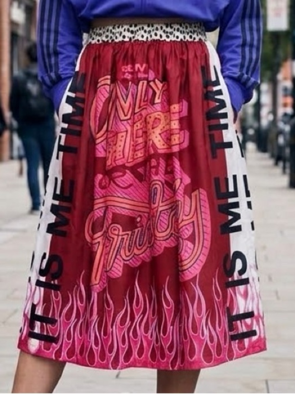ME369 “It Is Me Time” Printed Viscose Midi Skirt Burgundy Flame Graphic Sz. M-L